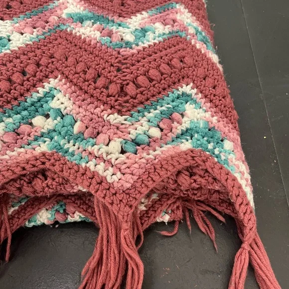 Handmade Chevron Crochet Blanket throw with Fringe 64x40”